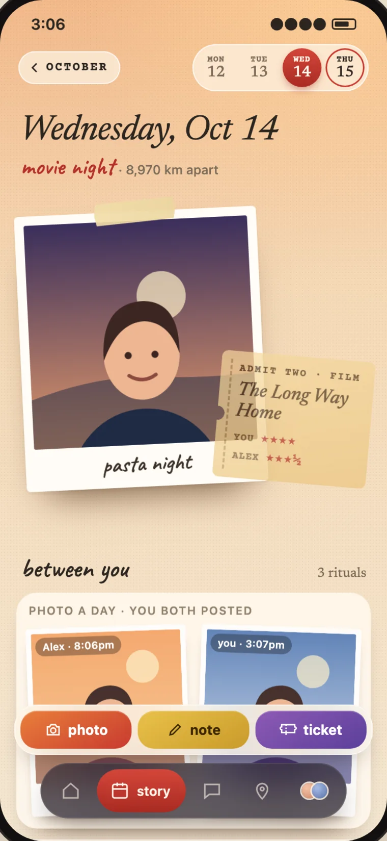One day's page, Wednesday, Oct 14, movie night: a taped polaroid called pasta night, a ticket stub for The Long Way Home, and what each of you posted that day.